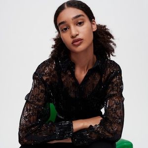 NWT Maje Black Pleated lace cropped shirt